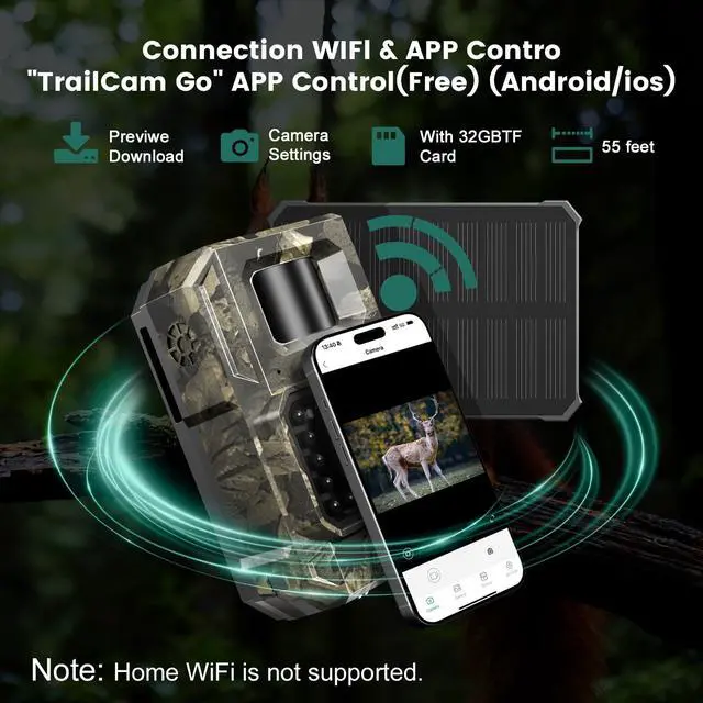 Alt view image 2 of 7 - Solar WiFi Trail Camera, 4K 64MP Bluetooth Night Vision Game Camera | Solar Trail Camera for Deer Hunting Wildlife, WiFi Bluetooth game cameras with night vision motion activated IP66 waterproof