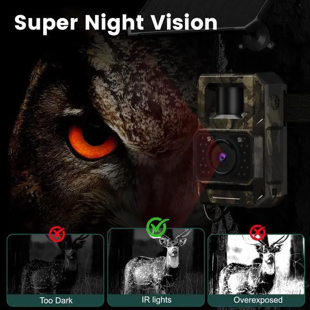 Alt view image 7 of 7 - Solar WiFi Trail Camera, 4K 64MP Bluetooth Night Vision Game Camera | Solar Trail Camera for Deer Hunting Wildlife, WiFi Bluetooth game cameras with night vision motion activated IP66 waterproof