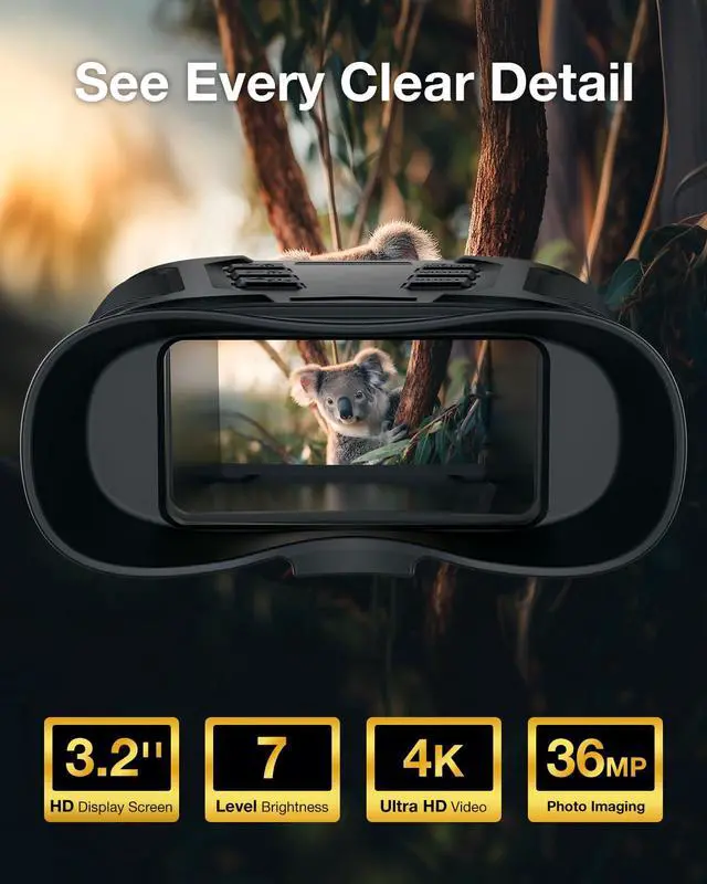 Alt view image 2 of 7 - 4K Night Vision Goggle for Adults, Night Vision Binocular with 3.2 Inner HD Display, 36MP Photos, 8X Digital Zoom,7 Level IR, Rechargeable, for Camping, Hunting, Security (Incl. 32GB Card)