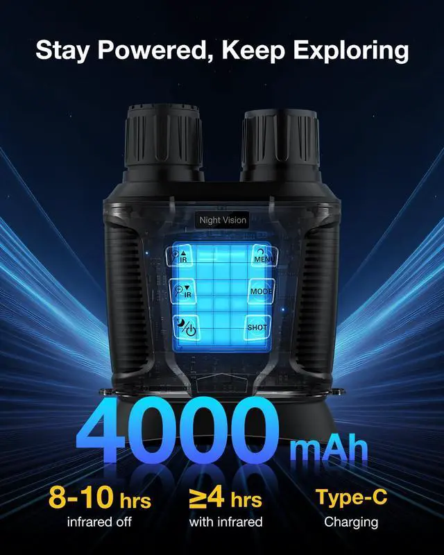 Alt view image 5 of 7 - 4K Night Vision Goggle for Adults, Night Vision Binocular with 3.2 Inner HD Display, 36MP Photos, 8X Digital Zoom,7 Level IR, Rechargeable, for Camping, Hunting, Security (Incl. 32GB Card)