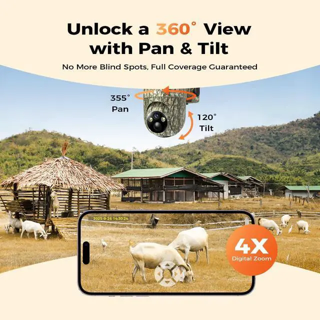 Alt view image 6 of 7 - Trail Cameras 360° View 4G LTE Cellular Game Camera Built-in SIM Card with PIR Motion Activated, 2K Night Vision & Live Streaming, No WiFi Needed, IP65 Solar Security Camera Camo Print-1 Pack