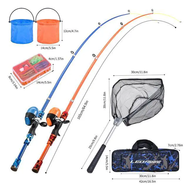Alt view image 5 of 7 - Portable Kids Fishing Rod Set 2Pack Telescopic Fishing Poles for Boys and Girls Fishing Rod and Reel Combos with Full Kits Fishing Net and Bucket for Toddler Youth