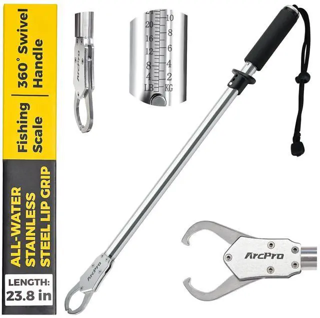 Main image of 2-in-1 Fish Lip Gripper, 23.8" Stainless Steel Fish Gripper with Scale, 60lb Weighing Fish Grabber, 360° Non-Slip Swivel Handle, Tool for Saltwater & Freshwater