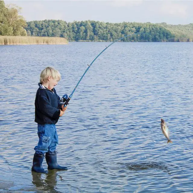Alt view image 6 of 6 - Kids Fishing Pole Set with Full Starter Kits Portable Telescopic Fishing Rod and Spincast Reel with a Fishing Net and Bucket for Boys Girls and Youth