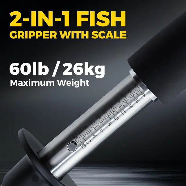 Alt view image 2 of 7 - 2-in-1 Fish Lip Gripper, 23.8" Stainless Steel Fish Gripper with Scale, 60lb Weighing Fish Grabber, 360° Non-Slip Swivel Handle, Tool for Saltwater & Freshwater