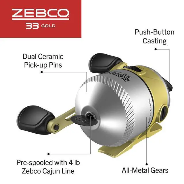 Alt view image 5 of 7 - 33 Gold Spincast Fishing Reel, Changeable Right or Left-Hand Retrieve, All-Metal Gears, Pre-Spooled with Cajun Fishing Line