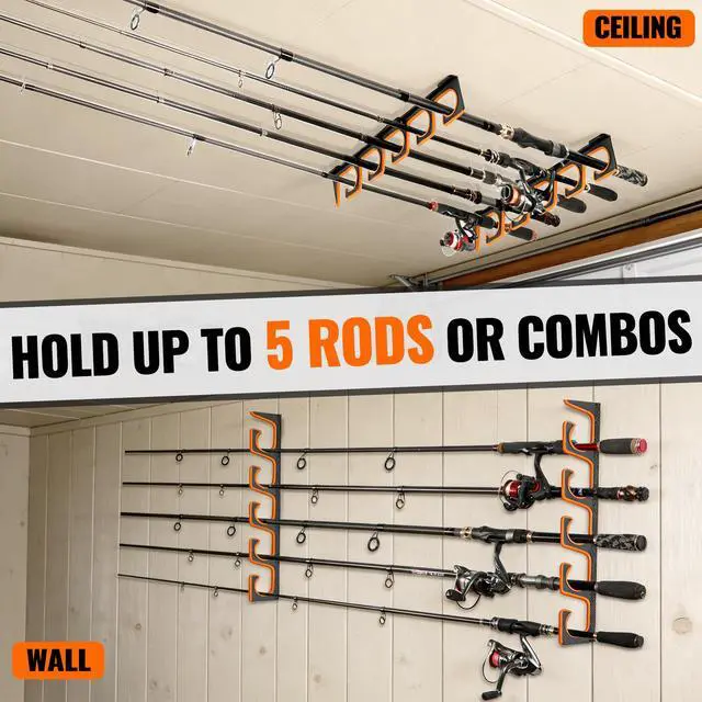 Alt view image 2 of 7 - H5P Fishing Rod Holder, Wall & Ceiling Mount Fishing Pole Holders for Garage, Fishing Rod Rack Holds 5/10/20 Rods, Combos & Fishing Nets