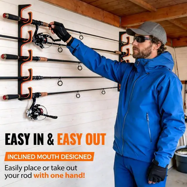 Alt view image 4 of 7 - H5P Fishing Rod Holder, Wall & Ceiling Mount Fishing Pole Holders for Garage, Fishing Rod Rack Holds 5/10/20 Rods, Combos & Fishing Nets