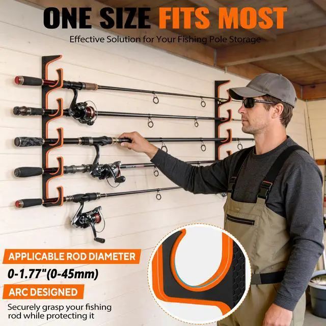 Alt view image 6 of 7 - H5P Fishing Rod Holder, Wall & Ceiling Mount Fishing Pole Holders for Garage, Fishing Rod Rack Holds 5/10/20 Rods, Combos & Fishing Nets