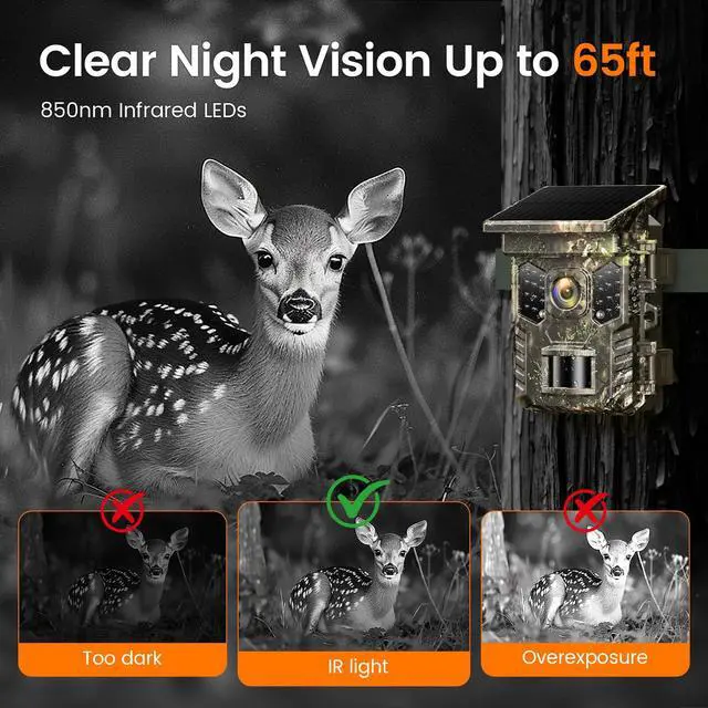 Alt view image 2 of 7 - 4K 64MP Solar Trail Camera with WiFi & Bluetooth - 0.2s Fast Trigger, No Subscription, Night Vision Motion-Activated, Rechargeable Game Camera for Wildlife & Deer Outdoor Use, IP66 Waterproof