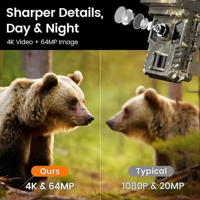 Alt view image 4 of 7 - 4K 64MP Solar Trail Camera with WiFi & Bluetooth - 0.2s Fast Trigger, No Subscription, Night Vision Motion-Activated, Rechargeable Game Camera for Wildlife & Deer Outdoor Use, IP66 Waterproof