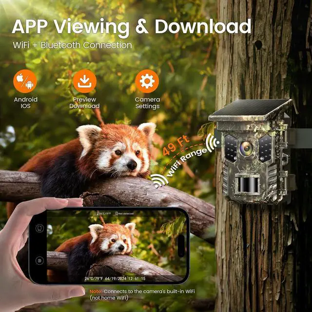 Alt view image 5 of 7 - 4K 64MP Solar Trail Camera with WiFi & Bluetooth - 0.2s Fast Trigger, No Subscription, Night Vision Motion-Activated, Rechargeable Game Camera for Wildlife & Deer Outdoor Use, IP66 Waterproof