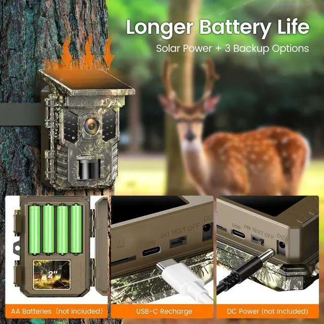 Alt view image 6 of 7 - 4K 64MP Solar Trail Camera with WiFi & Bluetooth - 0.2s Fast Trigger, No Subscription, Night Vision Motion-Activated, Rechargeable Game Camera for Wildlife & Deer Outdoor Use, IP66 Waterproof