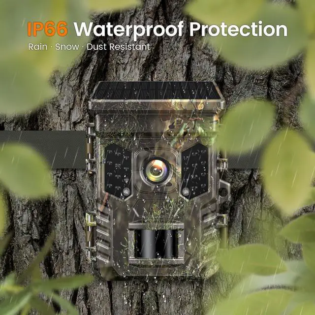 Alt view image 7 of 7 - 4K 64MP Solar Trail Camera with WiFi & Bluetooth - 0.2s Fast Trigger, No Subscription, Night Vision Motion-Activated, Rechargeable Game Camera for Wildlife & Deer Outdoor Use, IP66 Waterproof