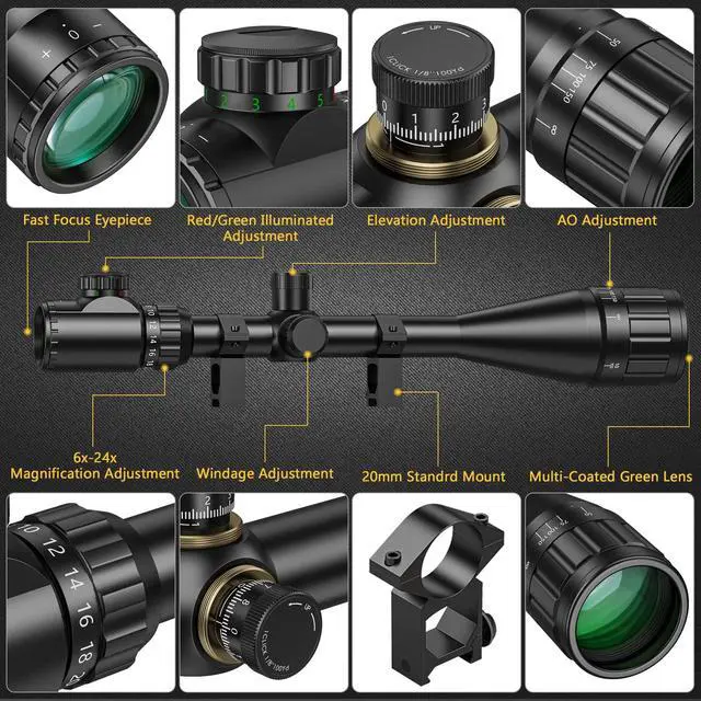 Alt view image 4 of 6 - Rifle Scope 6-24x50 AO Red and Green Illuminated Long Range Scope for Hunting with Scope Rings