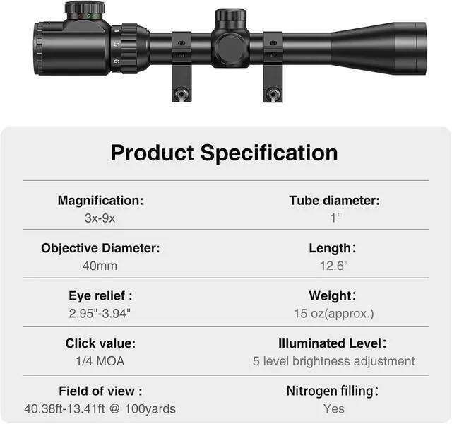 Alt view image 4 of 7 - 3-9x40 Rifle Scope, Red & Green Illuminated Optical Riflescope, 1 inch Tube Scope for Hunting with Mounts