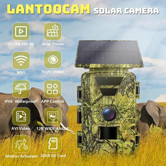 Alt view image 2 of 7 - Solar Trail Camera, 4K WiFi Game Camera, 5200mAh Forever Power, 32GB SD Card, IP66 Waterproof,120° Wide Angle Night Vision for Outdoor Detection, Monitoring Trail Cameras