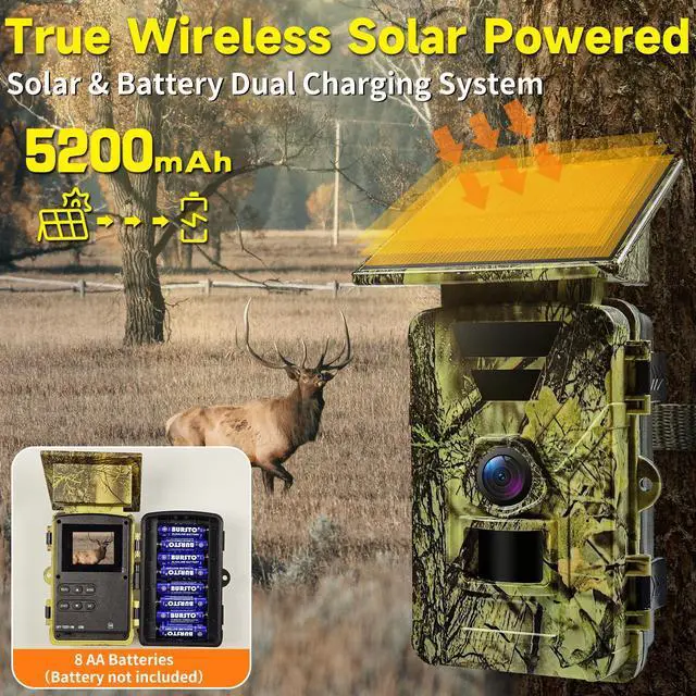 Alt view image 3 of 7 - Solar Trail Camera, 4K WiFi Game Camera, 5200mAh Forever Power, 32GB SD Card, IP66 Waterproof,120° Wide Angle Night Vision for Outdoor Detection, Monitoring Trail Cameras