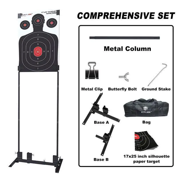 Alt view image 2 of 7 - Shooting Target Stand with 10pcs 17x25 Inch Paper Targets, Durable Paper Target Holder with Stable Adjustable Base for Cardboard Silhouette, H Shape, USPSA/IPSC, IDPA Practice