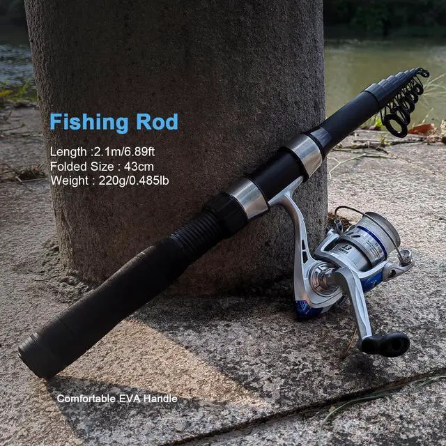 Alt view image 2 of 7 - Fishing Rod Reel Combo - 2PCS 6.89ft Collapsible Rods 2PCS Spinning Reels Lures Set Fishing Pliers Carrier Bag for Travel Saltwater Freshwater Fishing Telescopic Fishing Pole Kit