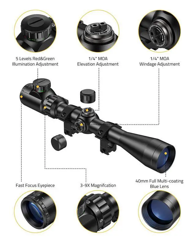 Alt view image 6 of 6 - 3-9x40 Rifle Scope, Red & Green Illuminated Optical Riflescope, 1 inch Tube Scope for Hunting with Mounts