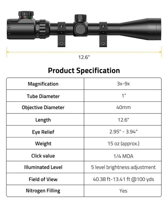 Alt view image 5 of 6 - 3-9x40 Rifle Scope, Red & Green Illuminated Optical Riflescope, 1 inch Tube Scope for Hunting with Mounts