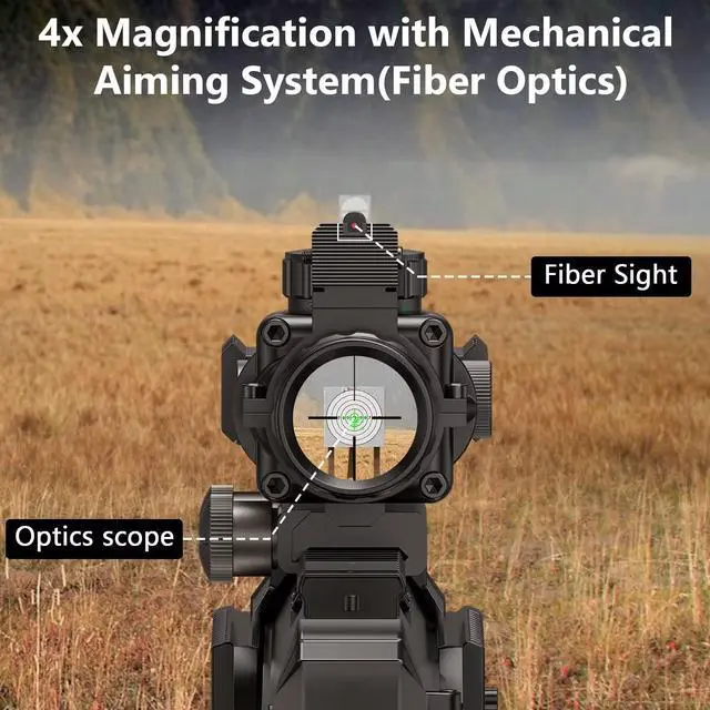 Alt view image 4 of 7 - 4x32 Prism Hunting Rifle Scope Red & Green & Blue Illuminated Reticle Scope with Fiber Optic Sight