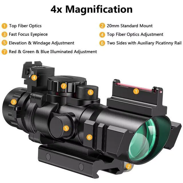 Alt view image 2 of 7 - 4x32 Prism Hunting Rifle Scope Red & Green & Blue Illuminated Reticle Scope with Fiber Optic Sight