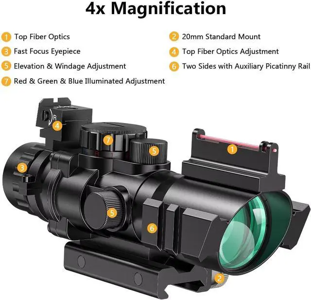 Alt view image 2 of 6 - 4x32 Prism Hunting Rifle Scope Red & Green & Blue Illuminated Reticle Scope with Fiber Optic Sight