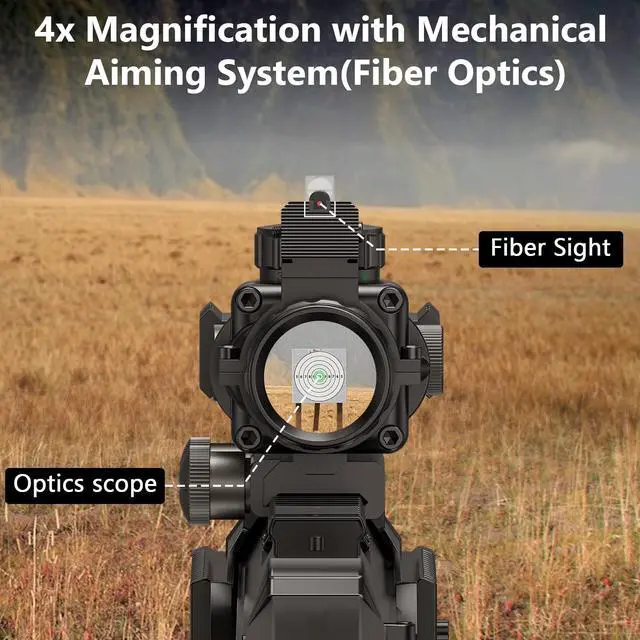 Alt view image 4 of 6 - 4x32 Prism Hunting Rifle Scope Red & Green & Blue Illuminated Reticle Scope with Fiber Optic Sight