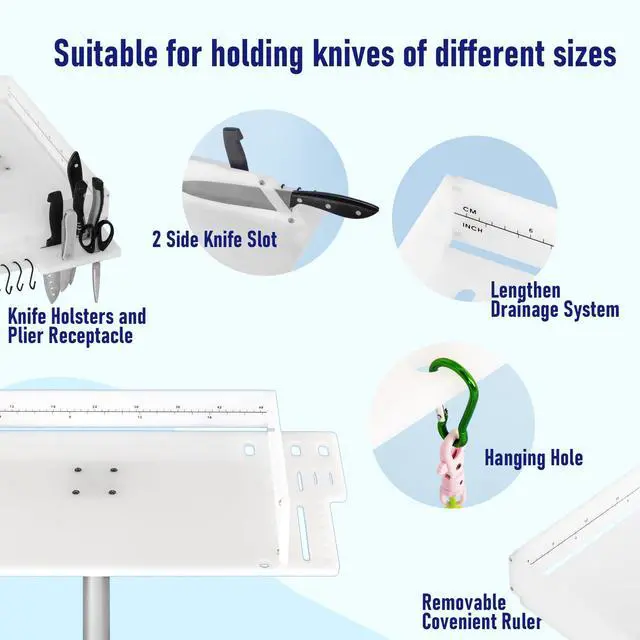 Alt view image 3 of 7 - Bait Cutting Board for Boat, Bait Table Filet Board with Separate Tool Slots, 360° Adjustable Rod Holder Fishing Fillet Table with Scale, Extended Boat Fish Cleaning Table