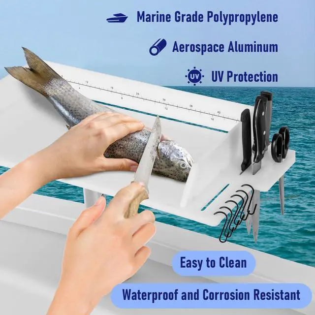 Alt view image 6 of 7 - Bait Cutting Board for Boat, Bait Table Filet Board with Separate Tool Slots, 360° Adjustable Rod Holder Fishing Fillet Table with Scale, Extended Boat Fish Cleaning Table