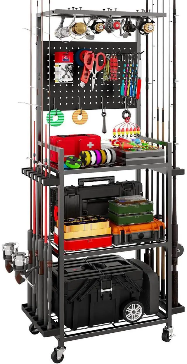 Main image of Fishing Rod Holders for Garage, Fishing Rod Storage Rack with Hooks & Wheels, Fishing Pole Holder Organizer, Tackle Box & Reel Storage Black
