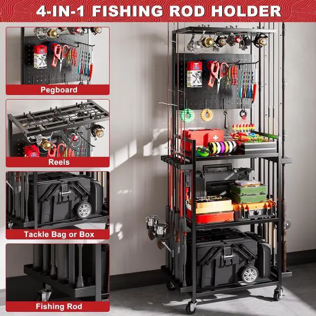 Alt view image 2 of 7 - Fishing Rod Holders for Garage, Fishing Rod Storage Rack with Hooks & Wheels, Fishing Pole Holder Organizer, Tackle Box & Reel Storage Black