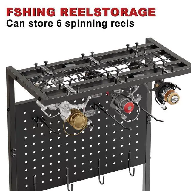 Alt view image 7 of 7 - Fishing Rod Holders for Garage, Fishing Rod Storage Rack with Hooks & Wheels, Fishing Pole Holder Organizer, Tackle Box & Reel Storage Black
