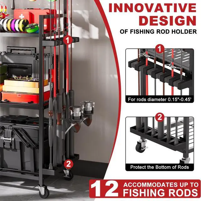 Alt view image 3 of 7 - Fishing Rod Holders for Garage, Fishing Rod Storage Rack with Hooks & Wheels, Fishing Pole Holder Organizer, Tackle Box & Reel Storage Black