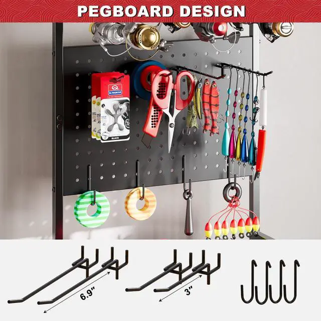 Alt view image 6 of 7 - Fishing Rod Holders for Garage, Fishing Rod Storage Rack with Hooks & Wheels, Fishing Pole Holder Organizer, Tackle Box & Reel Storage Black