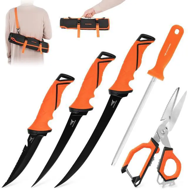 Main image of Paradox Fishing Knife Tool Set Includes 9" & 7" Fillet Knives, 5" Bait Knife, 9" Versatile Bait Shears, 12" Honing Rod, Non-Slip Handles, Custom Sheaths, and Carrying Case Fishing Gear