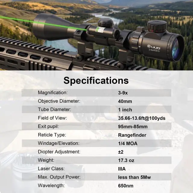 Alt view image 2 of 7 - 3-9×40 Rifle Scope with Gun Laser,Fits 20mm /11mm Mounts