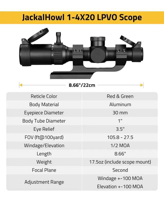 Alt view image 3 of 7 - JackalHowl 1-4x20 LPVO Rifle Scope with Cantilever Mount, Illuminated Reticle Rimfire Scope Compact Riflescope with Zero Reset for Hunting