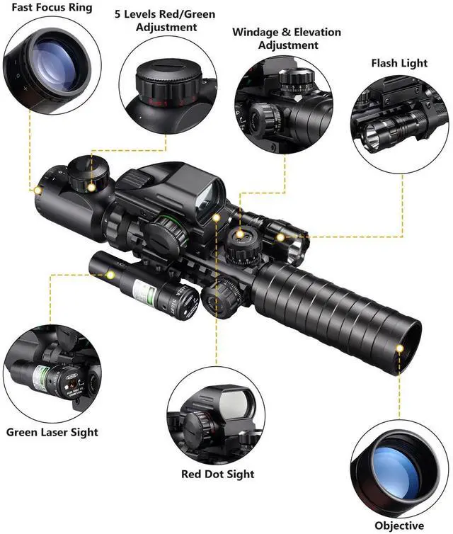 Alt view image 2 of 5 - 3-9x32 Scope Combo with Dual Illuminated Scope Optics & 4 Holographic Reticle Red/Green Dot Sight & IIIA/2MW Laser Sight Rangefinder Illuminated Reflex Sight & 20mm Mount