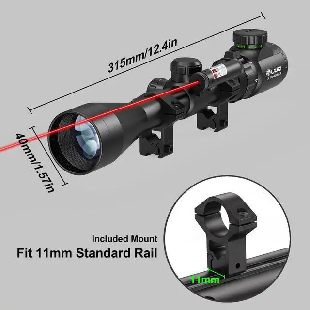Alt view image 2 of 7 - 3-9×40 Rifle Scope with Gun Laser,Fits 20mm /11mm Mounts