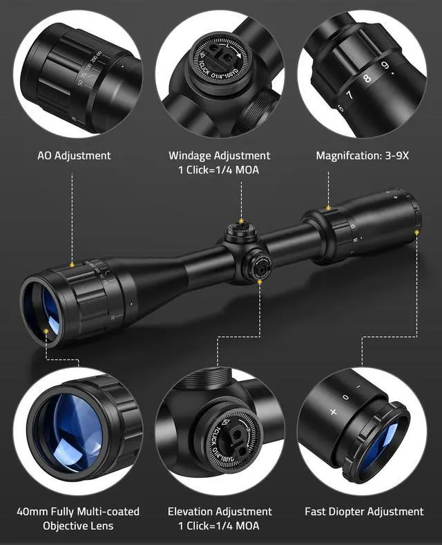 Alt view image 2 of 7 - 3-9x40AO Rifle Scope Optics R4 Reticle Crosshair Scope with Mounts