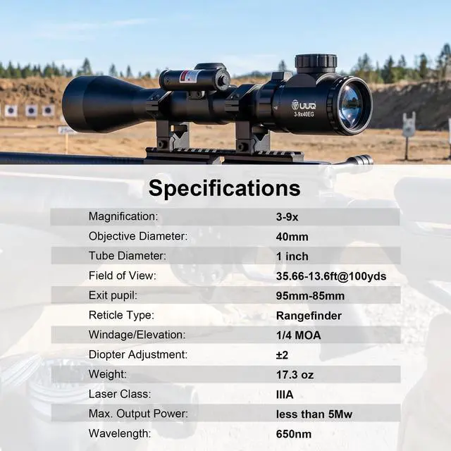 Alt view image 5 of 7 - 3-9×40 Rifle Scope with Gun Laser,Fits 20mm /11mm Mounts