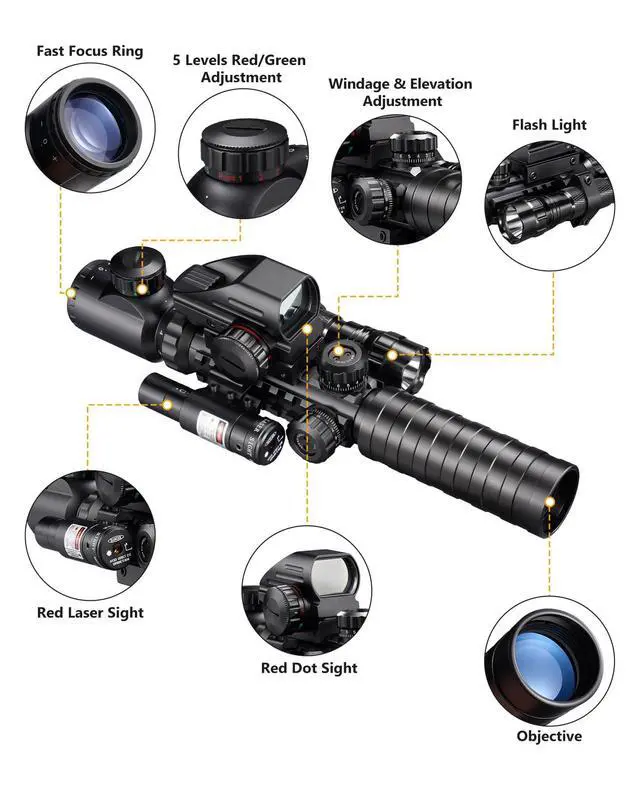Alt view image 2 of 5 - 3-9x32 Scope Combo with Dual Illuminated Scope Optics & 4 Holographic Reticle Red/Green Dot Sight & IIIA/2MW Laser Sight Rangefinder Illuminated Reflex Sight & 20mm Mount