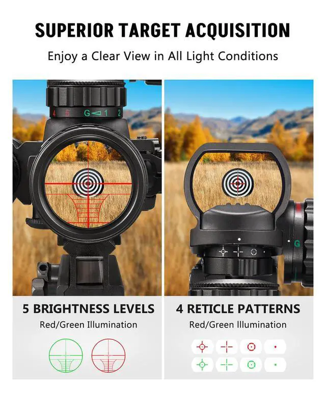 Alt view image 3 of 5 - 3-9x32 Scope Combo with Dual Illuminated Scope Optics & 4 Holographic Reticle Red/Green Dot Sight & IIIA/2MW Laser Sight Rangefinder Illuminated Reflex Sight & 20mm Mount