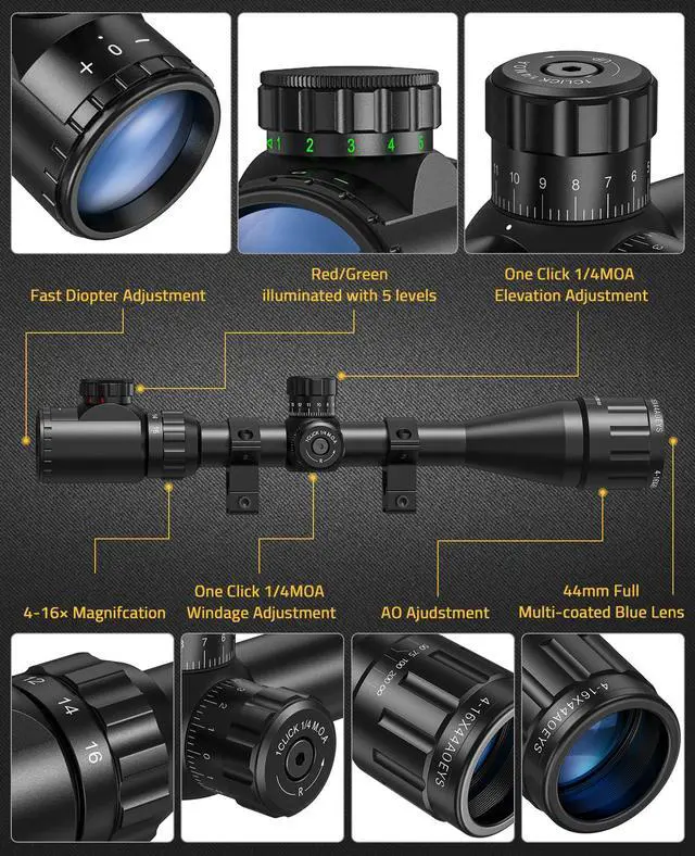 Alt view image 2 of 6 - 4-16x44 AO Rifle Scope Red and Green Illuminated Scope with Locking Turret Sunshade and Mount Included