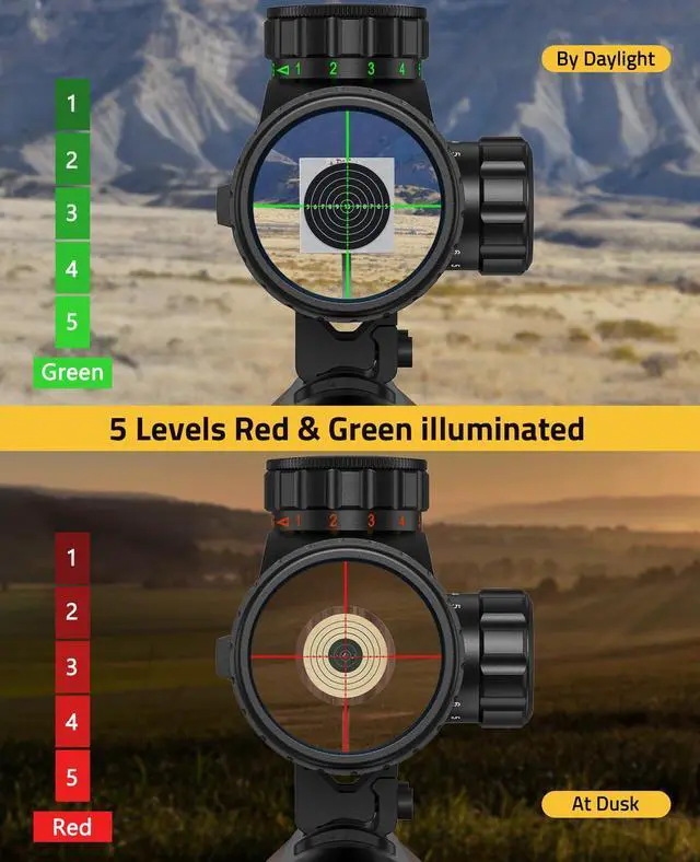 Alt view image 4 of 6 - 4-16x44 AO Rifle Scope Red and Green Illuminated Scope with Locking Turret Sunshade and Mount Included