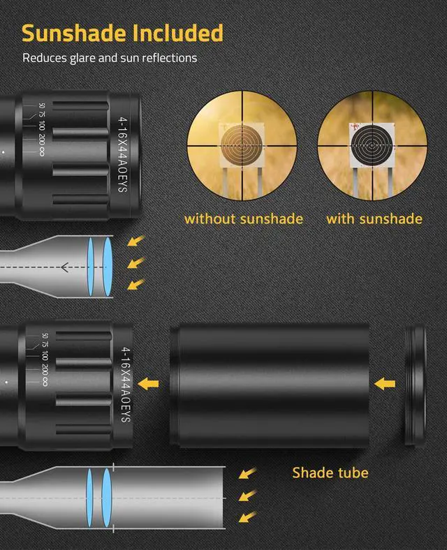 Alt view image 6 of 6 - 4-16x44 AO Rifle Scope Red and Green Illuminated Scope with Locking Turret Sunshade and Mount Included