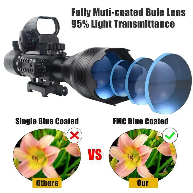Alt view image 2 of 6 - 4-16x50 Tactical Rifle Scope Red/Green Illuminated Range Finder Reticle W/Laser Sight and Holographic Reflex Dot Sight